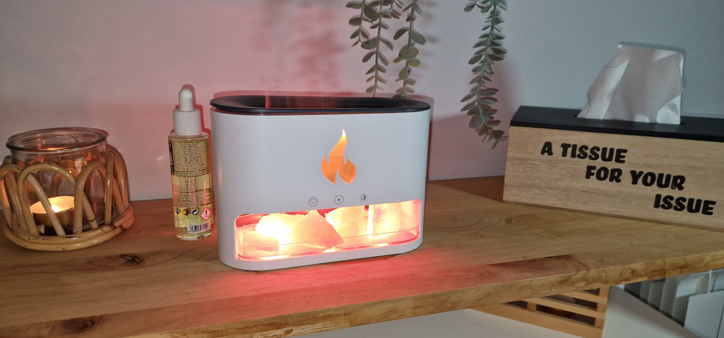 Humidificador Chimenea de Roca de Sal, Lámpara de Fuego Volcán, Difusor de Aroma con 7 Colores y Aceites Esenciales para el Hogar