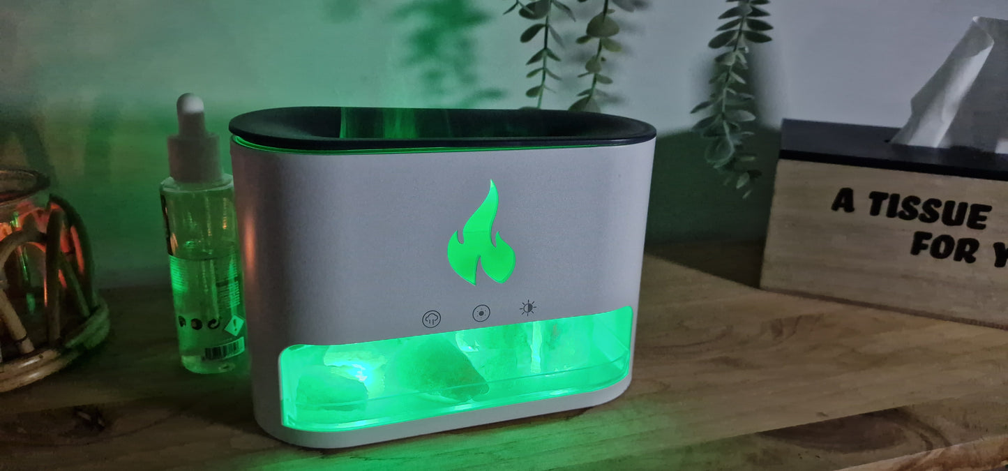 Humidificador Chimenea de Roca de Sal, Lámpara de Fuego Volcán, Difusor de Aroma con 7 Colores y Aceites Esenciales para el Hogar