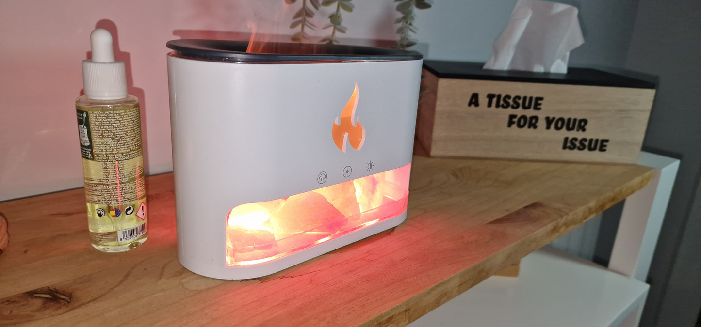 Humidificador Chimenea de Roca de Sal, Lámpara de Fuego Volcán, Difusor de Aroma con 7 Colores y Aceites Esenciales para el Hogar